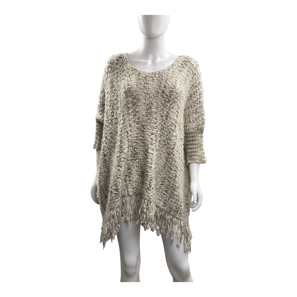 Umgee Fringe Poncho Knit Sweater Tunic Pullover Oversized Neutral Colors - Picture 6 of 12